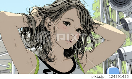 ヘアーシャワーの後の濡れ髪の若い女性