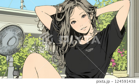 ヘアーシャワーの後の濡れ髪の若い女性