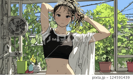 ヘアーシャワーの後の濡れ髪の若い女性