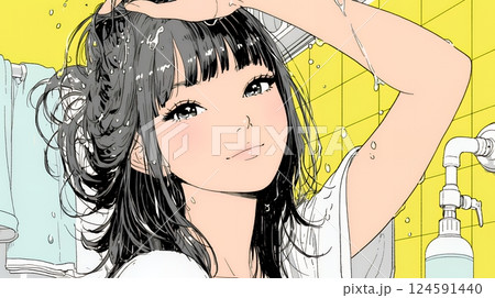 ヘアーシャワーの後の濡れ髪の若い女性