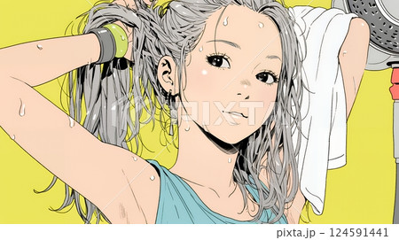 ヘアーシャワーの後の濡れ髪の若い女性