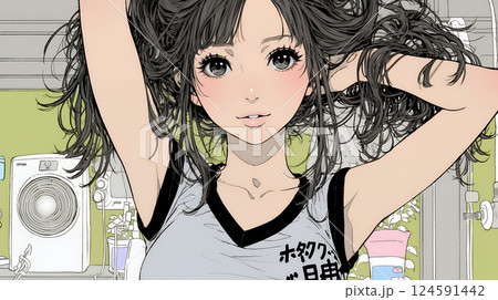 ヘアーシャワーの後の濡れ髪の若い女性