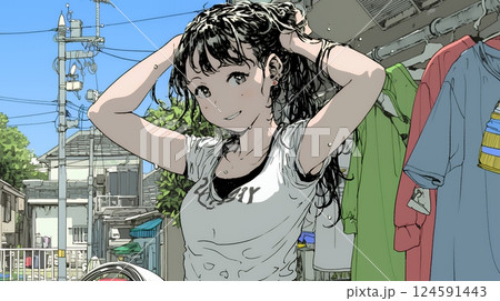 ヘアーシャワーの後の濡れ髪の若い女性