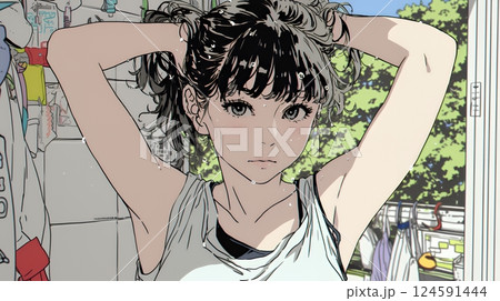 ヘアーシャワーの後の濡れ髪の若い女性