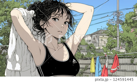 ヘアーシャワーの後の濡れ髪の若い女性