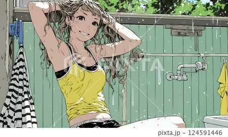 ヘアーシャワーの後の濡れ髪の若い女性