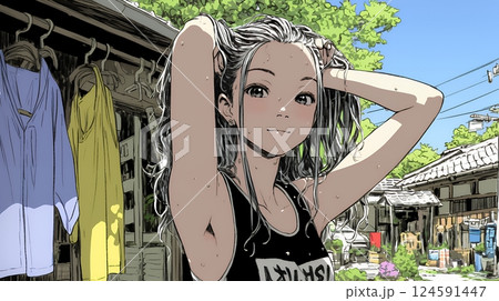 ヘアーシャワーの後の濡れ髪の若い女性