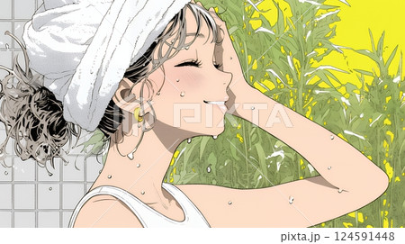 ヘアーシャワーの後の濡れ髪の若い女性