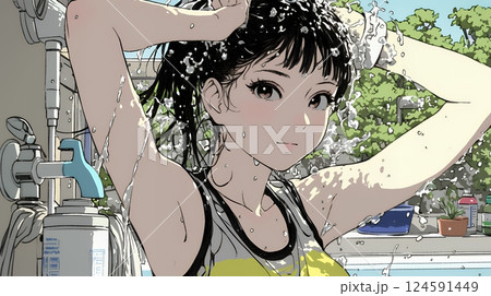 ヘアーシャワーの後の濡れ髪の若い女性