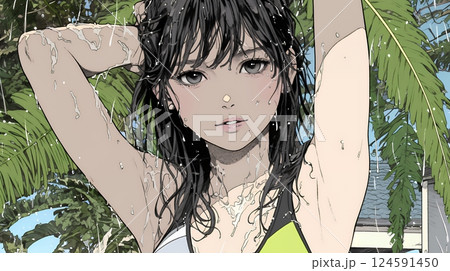 ヘアーシャワーの後の濡れ髪の若い女性