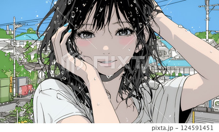 ヘアーシャワーの後の濡れ髪の若い女性