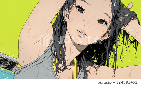 ヘアーシャワーの後の濡れ髪の若い女性