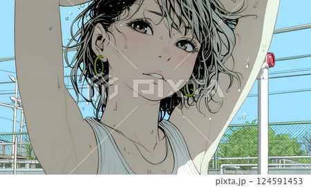 ヘアーシャワーの後の濡れ髪の若い女性