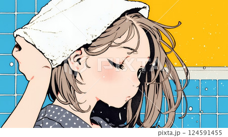 ヘアーシャワーの後の濡れ髪の若い女性