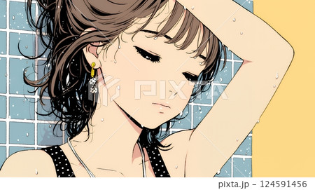 ヘアーシャワーの後の濡れ髪の若い女性