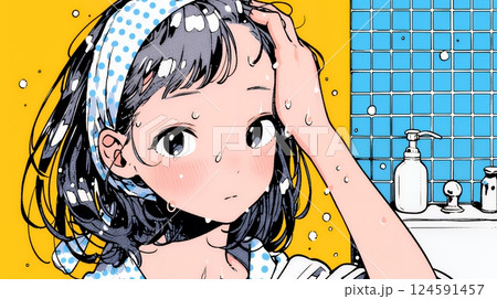ヘアーシャワーの後の濡れ髪の若い女性