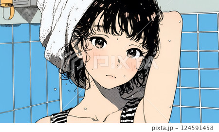 ヘアーシャワーの後の濡れ髪の若い女性