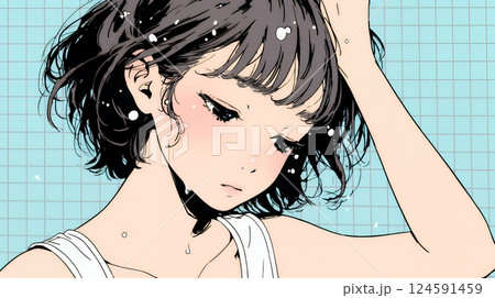 ヘアーシャワーの後の濡れ髪の若い女性