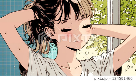 ヘアーシャワーの後の濡れ髪の若い女性