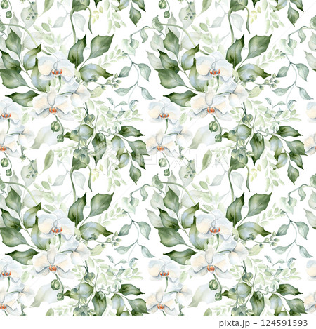 Romantic seamless floral pattern with white orchids and holly leaves isolated. Lush greenery and pastel watercolor flowers on repeated botanical texture for textiles, wallpapers, and blooms print. 124591593