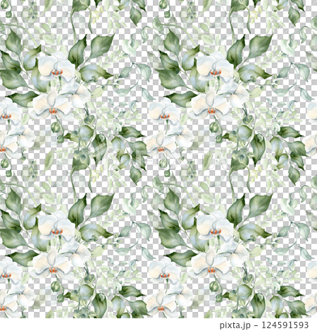 Romantic seamless floral pattern with white orchids and holly leaves isolated. Lush greenery and pastel watercolor flowers on repeated botanical texture for textiles, wallpapers, and blooms print. 124591593