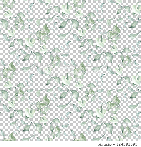 Elegant watercolor foliage pattern with vines and lianas in sage green isolated. Soft greenery seamless texture hand painted for textiles, stationery, gift wrapping, and botanical print. Elegant watercolor foliage pattern with vines and lianas in sage green isolated. Soft greenery seamless texture hand painted for textiles, stationery, gift wrapping, and botanical print. 124591595