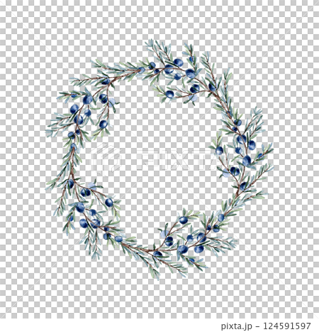Juniper botanical sketch in watercolor with green needles and berries isolated frame. Artistic evergreen twig hand drawn in wreath for natural branding, perfume labels, packaging, and foliage design. 124591597