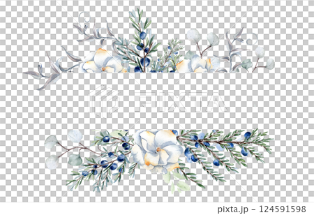 White camellia flowers and juniper twigs in delicate watercolor border isolated. Soft greenery hand drawn in muted tones for botanical wedding invitations. Elegant floral nature design frame. White camellia flowers and juniper twigs in delicate watercolor border isolated. Soft greenery hand drawn in muted tones for botanical wedding invitations. Elegant floral nature design frame. 124591598