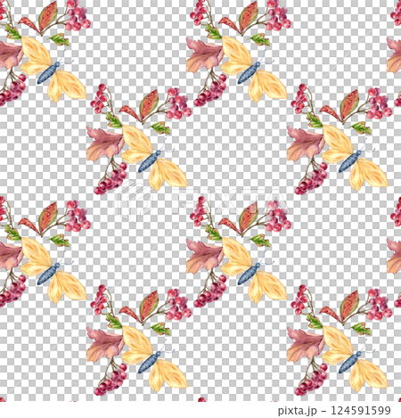 Seamless autumn pattern with red viburnum berries, rowan branches, and butterflies isolated. Botanical watercolor repeated texture with fall leaves hand drawn for textiles, rustic home decor. 124591599