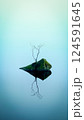 Reflection in space. Love and loneliness. The second half. Artistic concept. A lonely small tree on a stone with moss in the middle of a lake in Scandinavia. 124591645