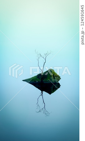 Reflection in space. Love and loneliness. The second half. Artistic concept. A lonely small tree on a stone with moss in the middle of a lake in Scandinavia. Reflection in space. Love and loneliness. The second half. Artistic concept. A lonely small tree on a stone with moss in the middle of a lake in Scandinavia. 124591645