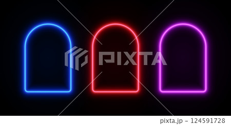 Neon arch light. LED frame door on dark background. Portal border with glow of blue, red and purple color. Vector set of empty fluorescent templates for games. 124591728