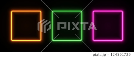 Neon square frame glow. Box border led light. Set of vector laser fluorescent templates for game design isolated on dark background. 124591729