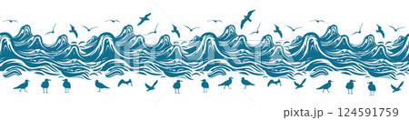 Seamless background waves and seagulls. Not AI, Vector illustration 124591759