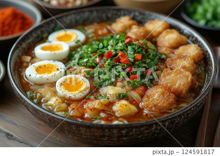 a rare Burmese mohinga, a fish-based noodle soup garnished with boiled eggs, crispy fritters, and herbs, served in a handcrafted bowl with vibrant spices on the side, warm natural lighting a rare Burmese mohinga, a fish-based noodle soup garnished with boiled eggs, crispy fritters, and herbs, served in a handcrafted bowl with vibrant spices on the side, warm natural lighting 124591817