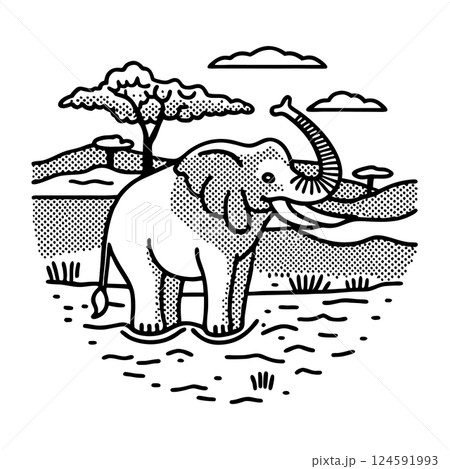 elephant in savannah landscape black and white dotted illustration with trees and clouds, AI Generative 124591993