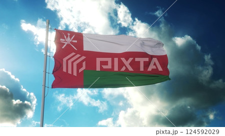 Oman national flag waving in beautiful sky. 3d illustration 124592029