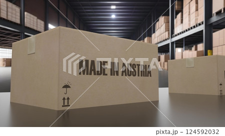Boxes with MADE IN AUSTRIA text on conveyor. 3d illustration 124592032