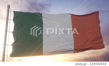 Ireland politics and news concept. Ireland national flag on sky background. 3d illustration 124592034