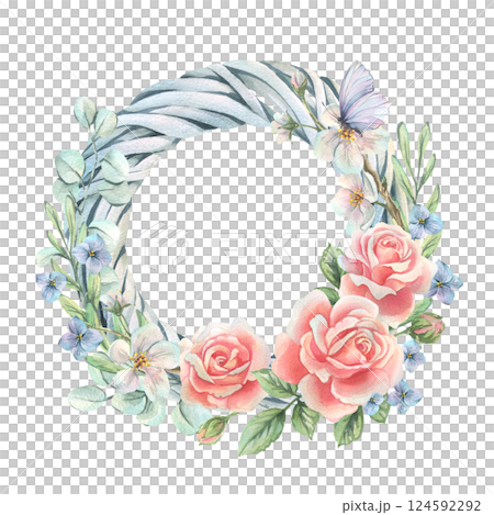 Spring wreath made of vine with flowers roses, hydrangea, apple tree and butterfly. Watercolor illustration hand drawn in soft pastel colors. Round frame, wreath, template isolated from background. 124592292