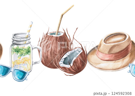 Seamless border with coconut, lemonade, hat, glasses. Isolated watercolor illustration on holiday theme for seaside restaurant design, menu, fabric print and posters. Seamless border with coconut, lemonade, hat, glasses. Isolated watercolor illustration on holiday theme for seaside restaurant design, menu, fabric print and posters. 124592308