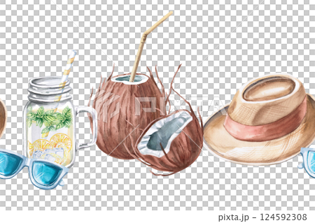 Seamless border with coconut, lemonade, hat, glasses. Isolated watercolor illustration on holiday theme for seaside restaurant design, menu, fabric print and posters. Seamless border with coconut, lemonade, hat, glasses. Isolated watercolor illustration on holiday theme for seaside restaurant design, menu, fabric print and posters. 124592308