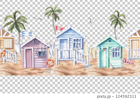 Seamless border with beach houses on sand and palm trees. Isolated watercolor illustration on holiday theme for seaside restaurant design, menu, fabric print and posters Seamless border with beach houses on sand and palm trees. Isolated watercolor illustration on holiday theme for seaside restaurant design, menu, fabric print and posters 124592311