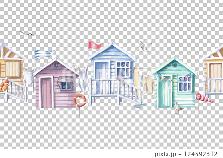 Seamless border with beach houses. Isolated watercolor illustration on holiday theme for seaside restaurant design, menu, fabric print and posters. 124592312