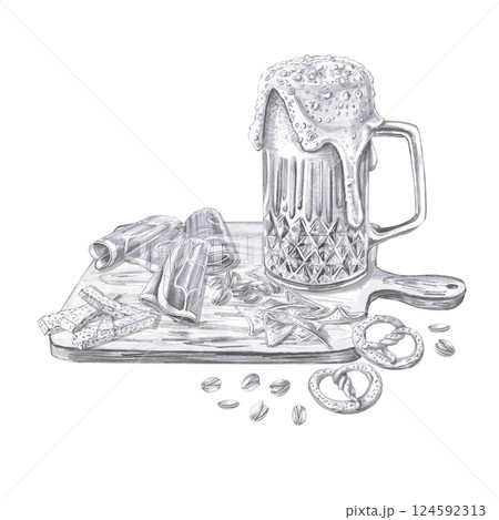 Mug of foamy beer on a wooden board with various snacks. Isolated pencil illustration for pub design, menu, cookbooks, signs. 124592313