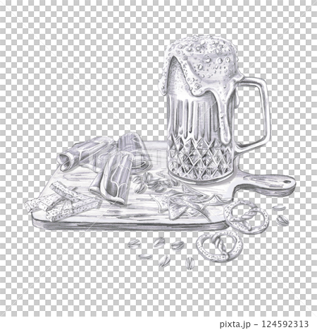 Mug of foamy beer on a wooden board with various snacks. Isolated pencil illustration for pub design, menu, cookbooks, signs. 124592313