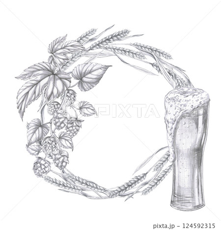 Round frame with ears of barley, a branch of hops and a glass of beer. Isolated pencil illustration in a realistic style for the interior design of pubs, restaurants, cookbooks, menus. 124592315