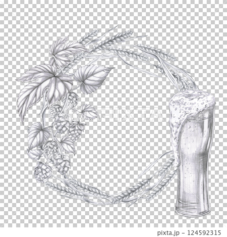 Round frame with ears of barley, a branch of hops and a glass of beer. Isolated pencil illustration in a realistic style for the interior design of pubs, restaurants, cookbooks, menus. 124592315