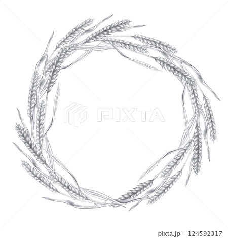 Round frame with ears of barley. Isolated pencil illustration in realistic style for interior design of bakeries, restaurants, cookbooks, menus. 124592317