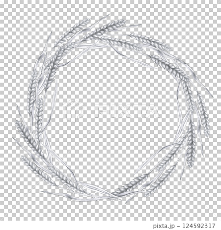 Round frame with ears of barley. Isolated pencil illustration in realistic style for interior design of bakeries, restaurants, cookbooks, menus. 124592317